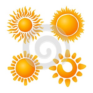 Sun symbol set. Nine Yellow and orange suns design. Vector illustration.