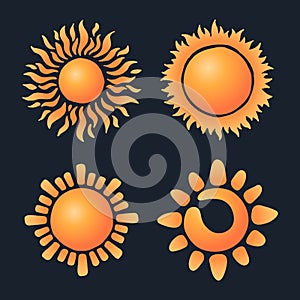 Sun symbol set. Yellow and orange suns design. Vector illustration.