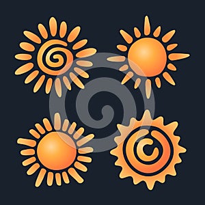 Sun symbol set. Yellow and orange suns design. Vector illustration.