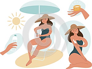 Sun tanning safety tips. Use a hat, sunscreen, sunshadow. Skin protection from the sun on the beach