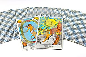 The Sun, Tarot cards on white background.