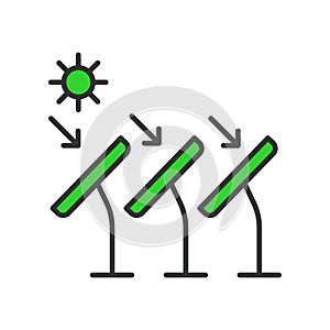 Sun to solar panel icon in line design green. Sun, solar, panel, energy, photovoltaic, electricity, renewable, sunlight