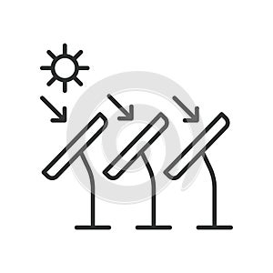 Sun to solar panel icon in line design . Sun, solar, panel, energy, photovoltaic, electricity, renewable, sunlight