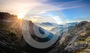 Sun trough the clouds , view from the three peacks of Lavaredo , trentino Alto Adige , Italy