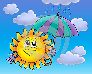 Sun with umbrela on cloudy sky