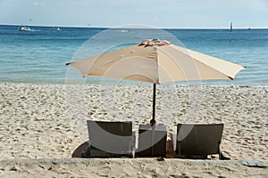 Sun umbrella and beach chair in beach