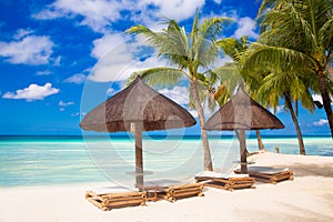 Sun umbrellas and beach beds under the palm trees on tropical beach