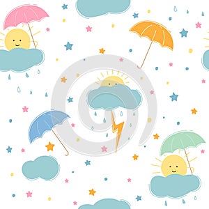 Sun under an umbrella during a thunderstorm,  seamless background, vector illustration, cartoon pattern