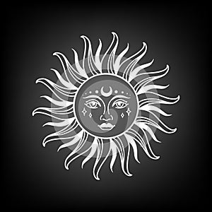 Sun vector illustration, hand drawn celestial boho line art