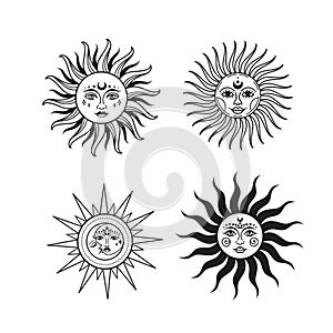 Sun vector illustration set, hand drawn