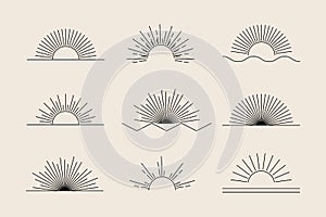 Vector Sun set of black linear boho icons and symbols, sun logo design templates, abstract design elements for decoration modern