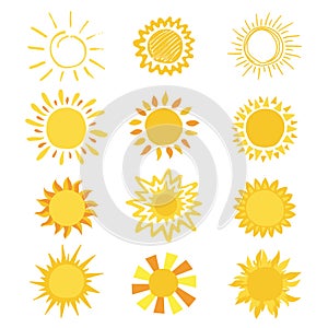 Sun vector sunny icon with yellow sunlight and sunshine emoticon illustration set of bright sunburst weather sunset or