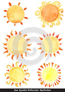 Sun watercolor banner illustration for summer, nature light.