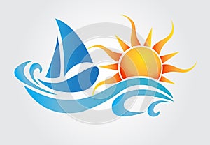 Sun and waves boat logo vector