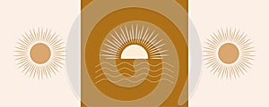 Sun and waves vector set. Elegant sunset sunrise and sea logo design line icon vector in luxury style outline linear.