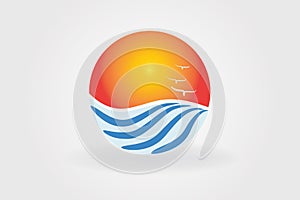 Sun and wavy beach logo vector