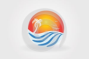 Sun and wavy beach logo vector