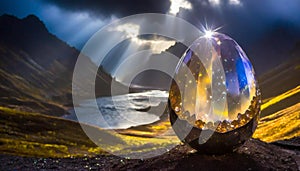 The sun rays illuminate the crystal Easter egg. Blurred lake and mountains background, spectacular light. photo