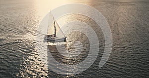 Sun yachts with white sails in open sea aerial. Sailing seascape at summer day. Yachting on sailboat