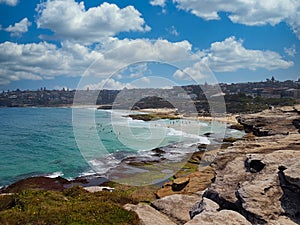 Sunbathers and swimmers on the Tamarama Beach in Sydney, Australia photo