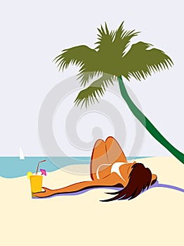 Sunbathing girl under palm tree