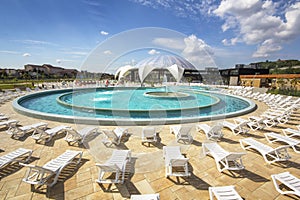 Sunbathing at Nymphaea Aquapark in Oradea, Romania