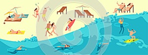 Sunbathing, playing and swimming people in summer beach. Summer time vector illustration
