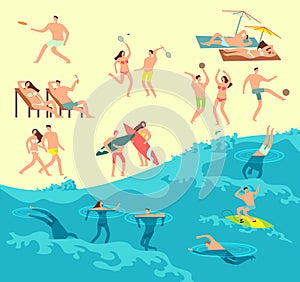 Sunbathing, playing and swimming people in summer beach vector illustration