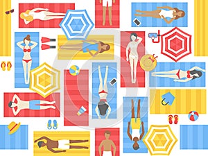 Sunbathing seamless pattern, different people on beach mat