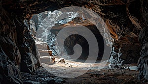 Sunbeam Reveals Path in Ancient Stone Cave