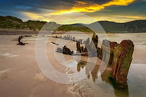 The Sunbeam ship wreck on the Rossbeigh beach at sunset, Ireland