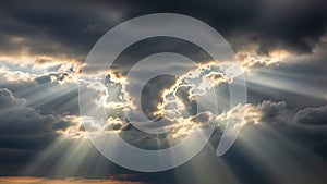 Sunbeams breaking through dark storm clouds in a dramatic sky sunlight