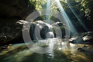 sunbeams dappling the surface of a crystal-clear waterfall