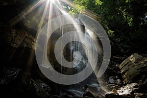 sunbeams dappling the surface of a crystal-clear waterfall