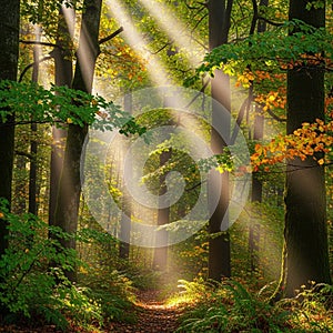 Sunbeams filter through a dense forest creating a serene atmosphere