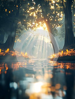 Sunbeams filter through towering trees in a lush forest, casting light on a tranquil stream
