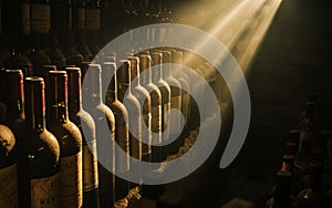 Sunbeams filtering through a dusty wine cellar full of vintage bottles.