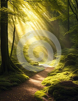 Sunbeams filtering through the trees in a forest with a path