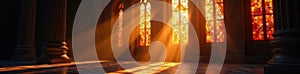 Sunbeams illuminate ancient stained glass, echoing chants , harmony, divine photo