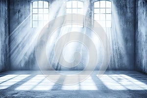 Sunbeams Illuminate Empty Industrial Loft SpaceThree Large Windows Sunlight Concrete Floor Interior Design Studio Background
