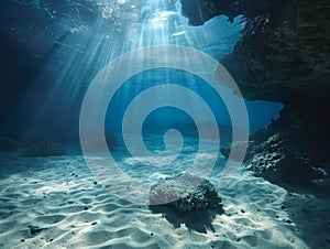 Sunbeams illuminate an underwater cave, casting light on the sandy ocean floor and surrounding marine environment photo