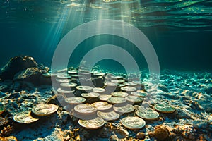 Sunbeams Illuminating Ancient Coins on Ocean Floor, Underwater Treasure Concept, Sea Bed Riches