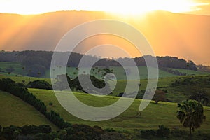 Sunbeams over green hills landscape by golden sky in Australia