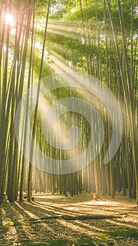 Sunbeams piercing through a dense bamboo forest, creating dramatic light rays on the forest floor