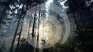 Sunbeams piercing dense forest creating dramatic light rays