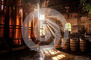 sunbeams shining on whiskey barrels and copper stills photo