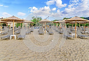 Sunbed on beach background front view