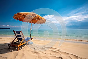 Sunbed and sun umbrella, concept fun on the beach, comfortable sunbed on sand