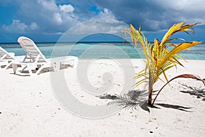 Sunbed at tropical beach, Maldives