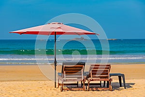 Sunbeds at Bentota beach, Sri Lanka